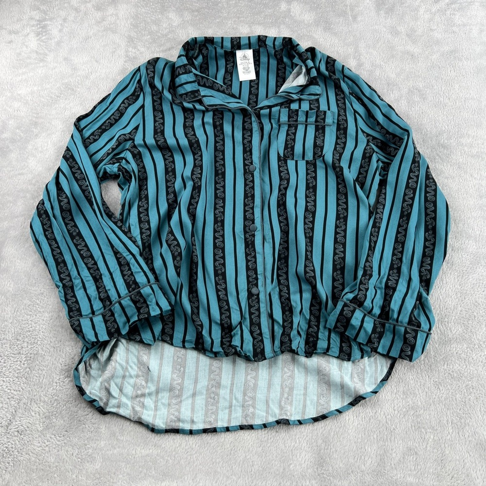 Disney Haunted Mansion Womens L Wallpaper Stripe Button Pajama Top Teal Black
